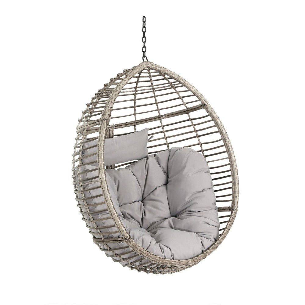 Jaya Outdoor Hanging Chair, Basket Shape, Gray Rattan, Steel, 47 Inch -BM323585
