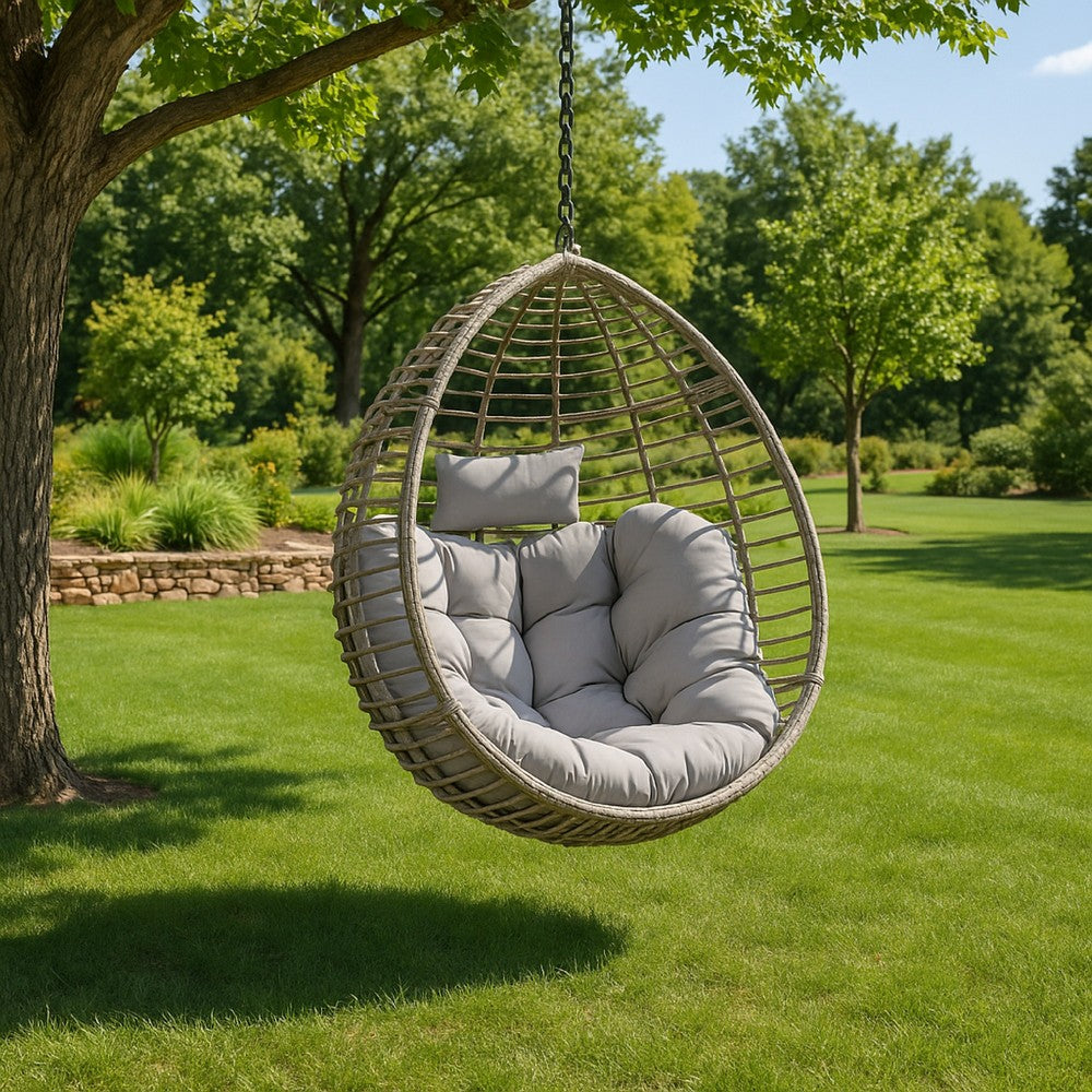 Jaya Outdoor Hanging Chair, Basket Shape, Gray Rattan, Steel, 47 Inch -BM323585