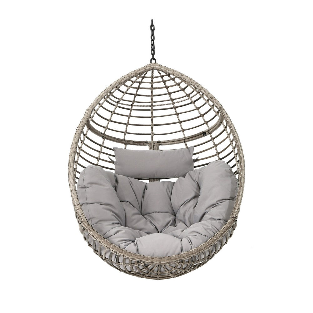 Jaya Outdoor Hanging Chair, Basket Shape, Gray Rattan, Steel, 47 Inch -BM323585