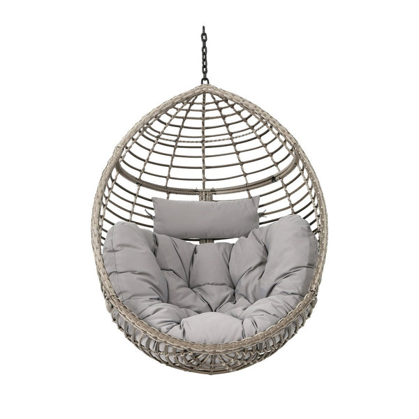 Jaya Outdoor Hanging Chair, Basket Shape, Gray Rattan, Steel, 47 Inch -BM323585