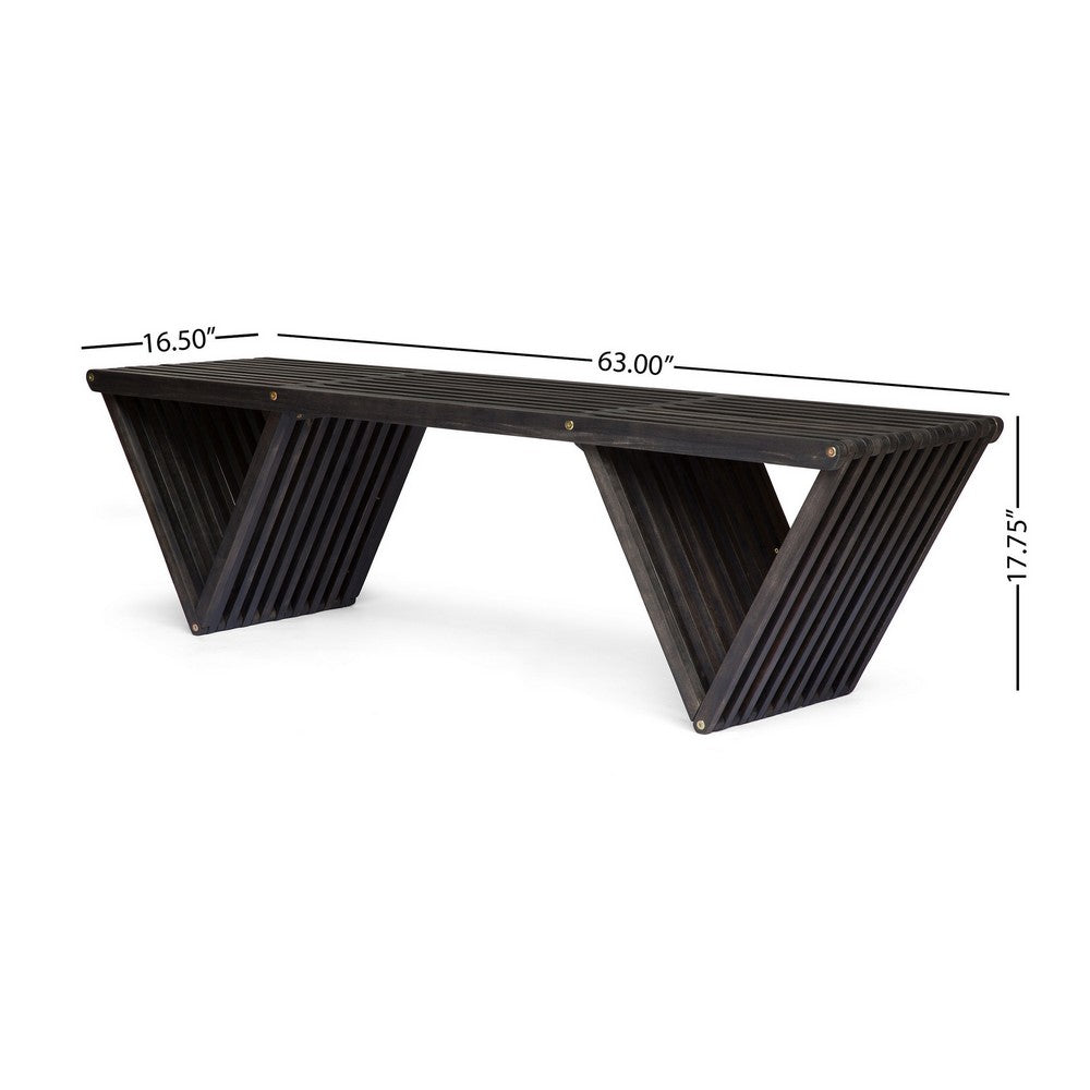 Riah Outdoor Bench, Angled Legs, Slatted 63 Inch Dark Gray Acacia Wood -BM323586
