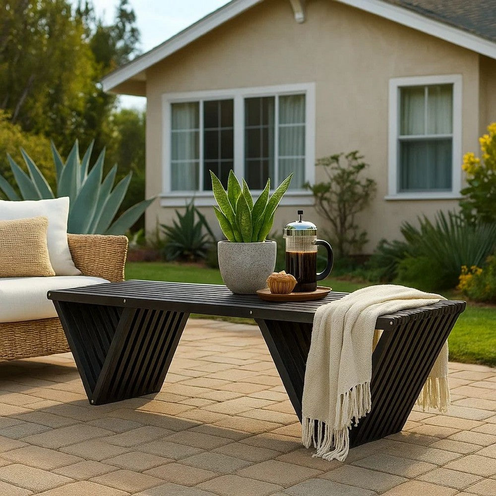 Riah Outdoor Bench, Angled Legs, Slatted 63 Inch Dark Gray Acacia Wood -BM323586