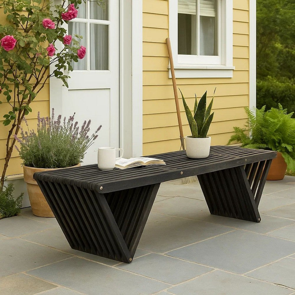 Riah Outdoor Bench, Angled Legs, Slatted 63 Inch Dark Gray Acacia Wood -BM323586