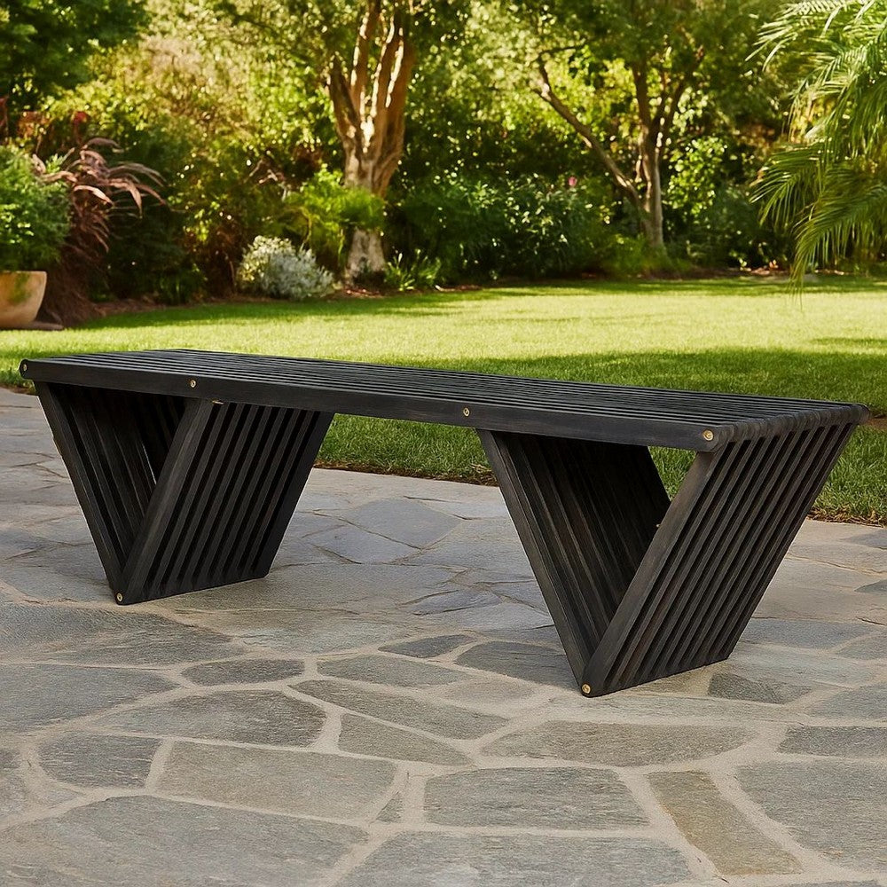 Riah Outdoor Bench, Angled Legs, Slatted 63 Inch Dark Gray Acacia Wood -BM323586