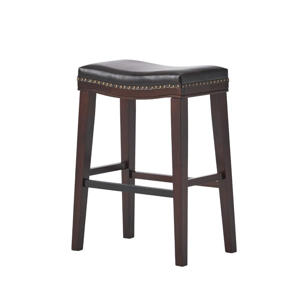 Clare Barstool Set of 2, Black Faux Leather, Nailhead Trim, Dark Brown -BM323588