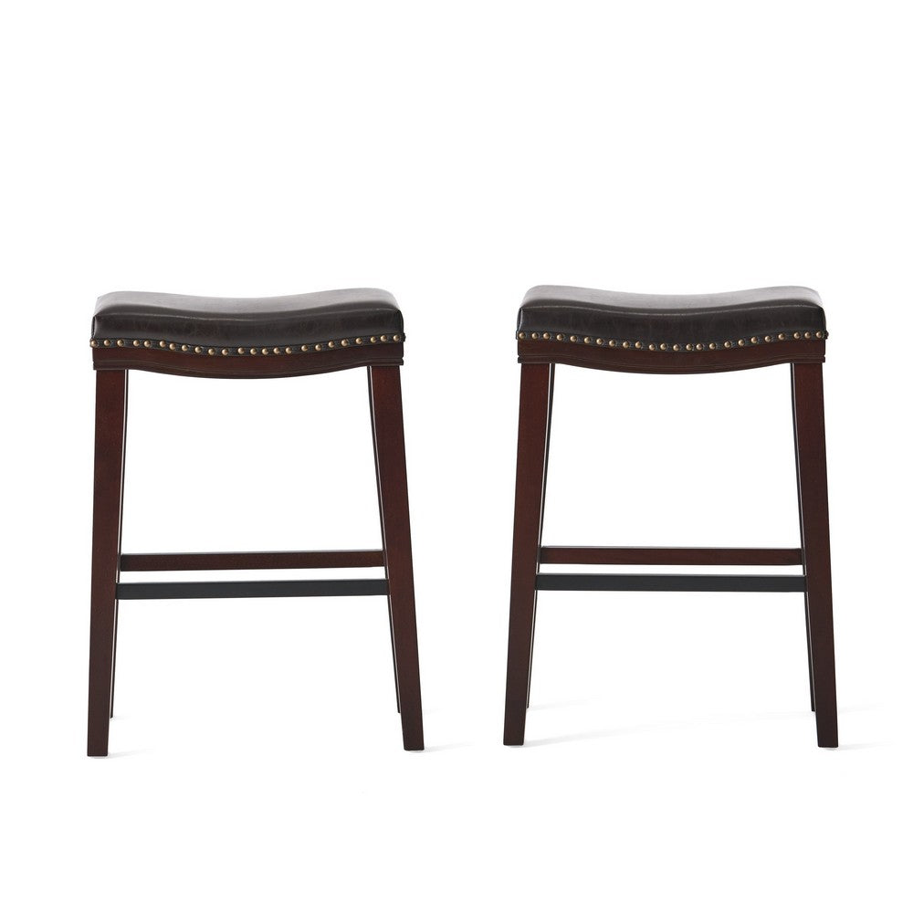 Clare Barstool Set of 2, Black Faux Leather, Nailhead Trim, Dark Brown -BM323588