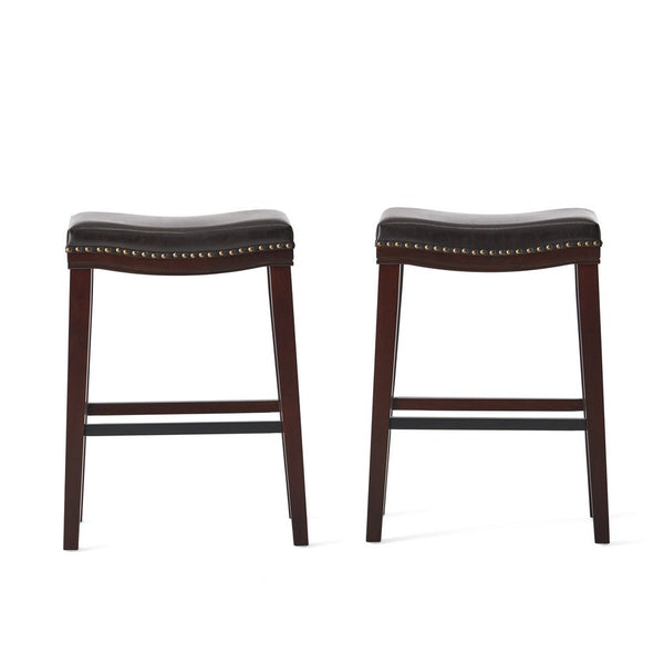 Clare Barstool Set of 2, Black Faux Leather, Nailhead Trim, Dark Brown -BM323588