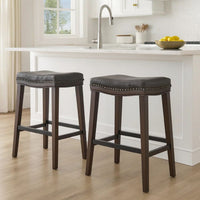 Clare Barstool Set of 2, Black Faux Leather, Nailhead Trim, Dark Brown -BM323588