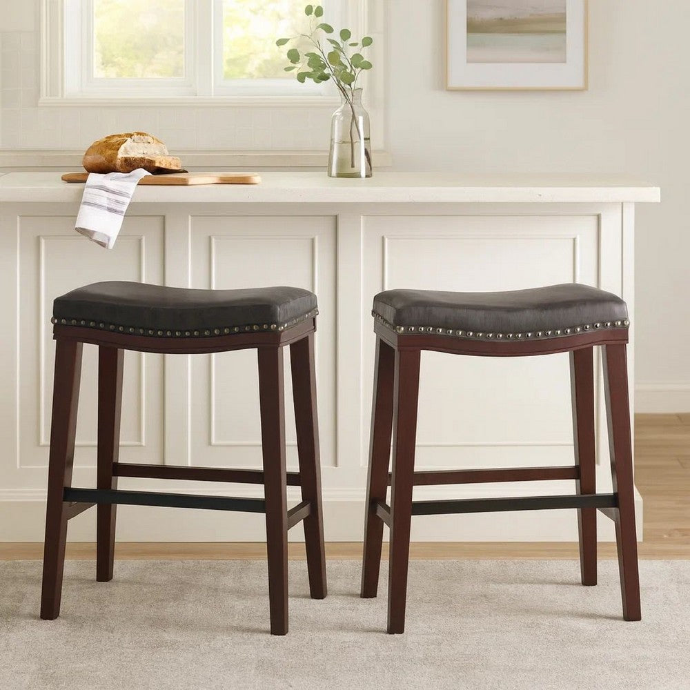 Clare Barstool Set of 2, Black Faux Leather, Nailhead Trim, Dark Brown -BM323588