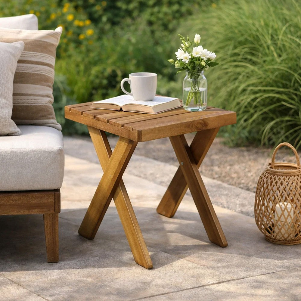 Harley Outdoor Side Table, X Legs, Square 18 Inch Brown Acacia Wood -BM323594