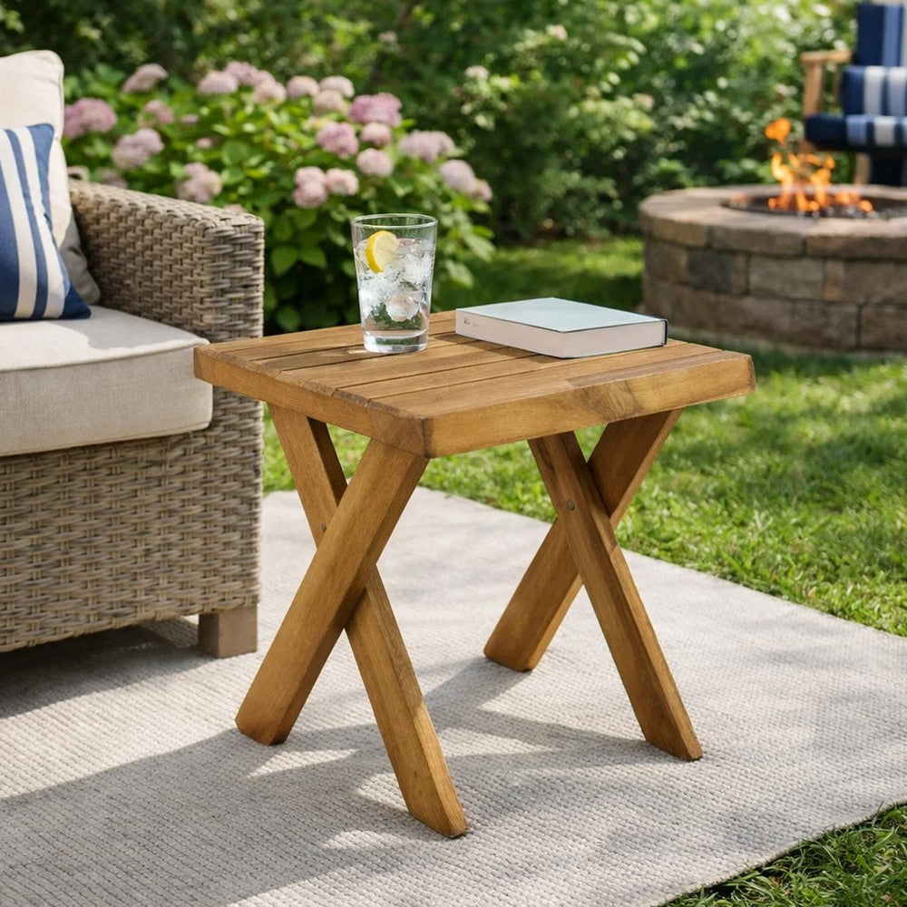 Harley Outdoor Side Table, X Legs, Square 18 Inch Brown Acacia Wood -BM323594