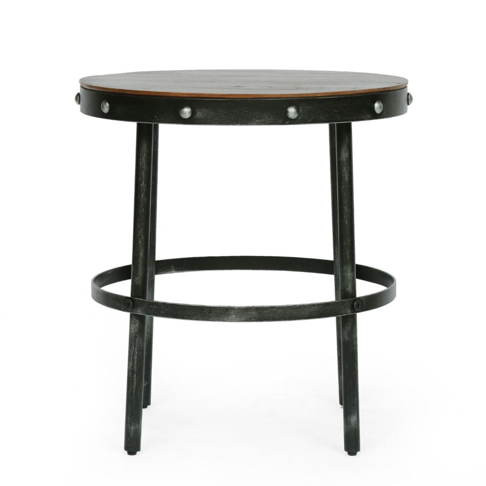 Laura Side End Table, 20 Inch Round Brown Wood w Rivet, Antique Bronze -BM323596