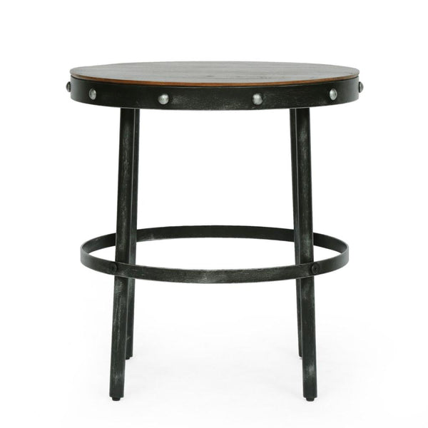 Laura Side End Table, 20 Inch Round Brown Wood w Rivet, Antique Bronze -BM323596
