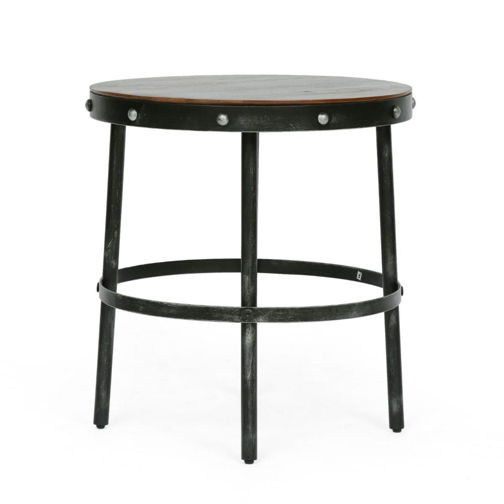 Laura Side End Table, 20 Inch Round Brown Wood w Rivet, Antique Bronze -BM323596