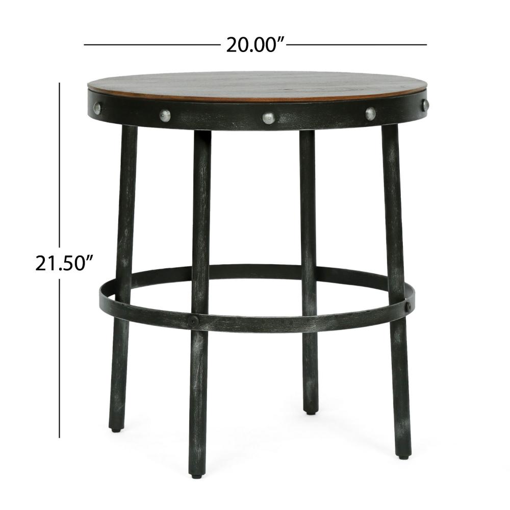 Laura Side End Table, 20 Inch Round Brown Wood w Rivet, Antique Bronze -BM323596