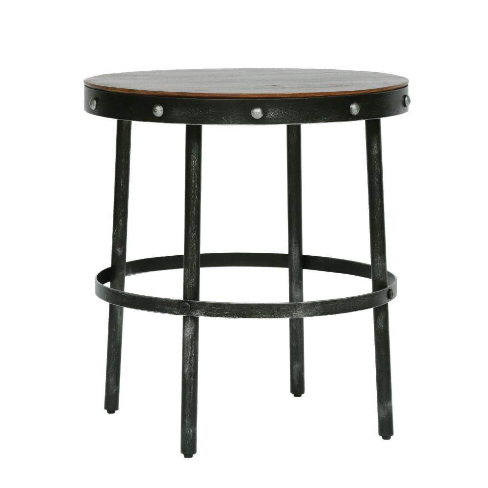 Laura Side End Table, 20 Inch Round Brown Wood w Rivet, Antique Bronze