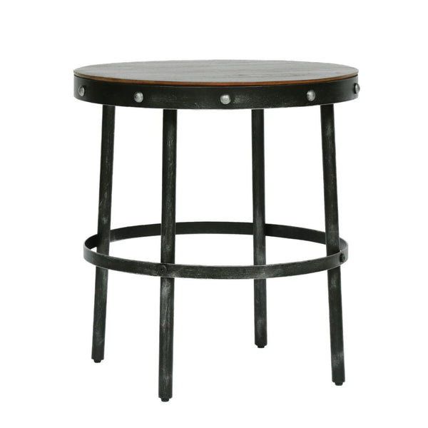 Laura Side End Table, 20 Inch Round Brown Wood w Rivet, Antique Bronze