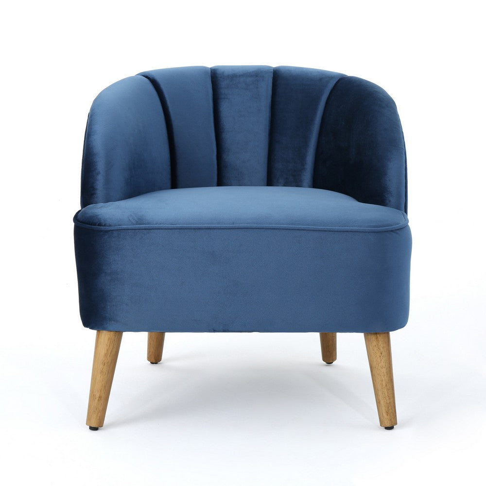 Shale Accent Chair, Navy Blue Velvet, Curved Backrest, Brown Wood Legs -BM323598