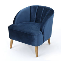 Shale Accent Chair, Navy Blue Velvet, Curved Backrest, Brown Wood Legs -BM323598