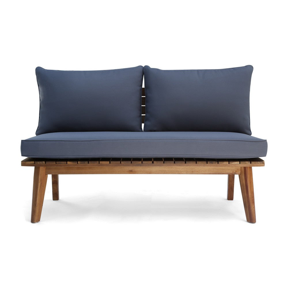 Almo Outdoor Loveseat Bench, Gray Fabric, 49 Inch Brown Acacia Wood -BM323599
