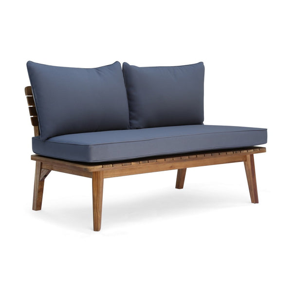 Almo Outdoor Loveseat Bench, Gray Fabric, 49 Inch Brown Acacia Wood -BM323599