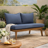 Almo Outdoor Loveseat Bench, Gray Fabric, 49 Inch Brown Acacia Wood -BM323599