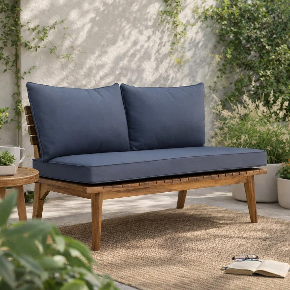 Almo Outdoor Loveseat Bench, Gray Fabric, 49 Inch Brown Acacia Wood -BM323599