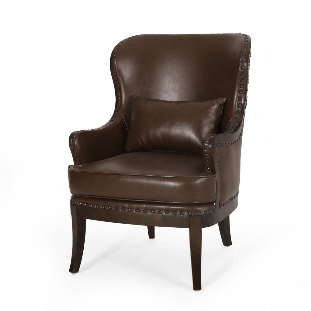 Dion Accent Chair, Dark Brown Faux Leather, Wingback, Nailhead Trim -BM323603