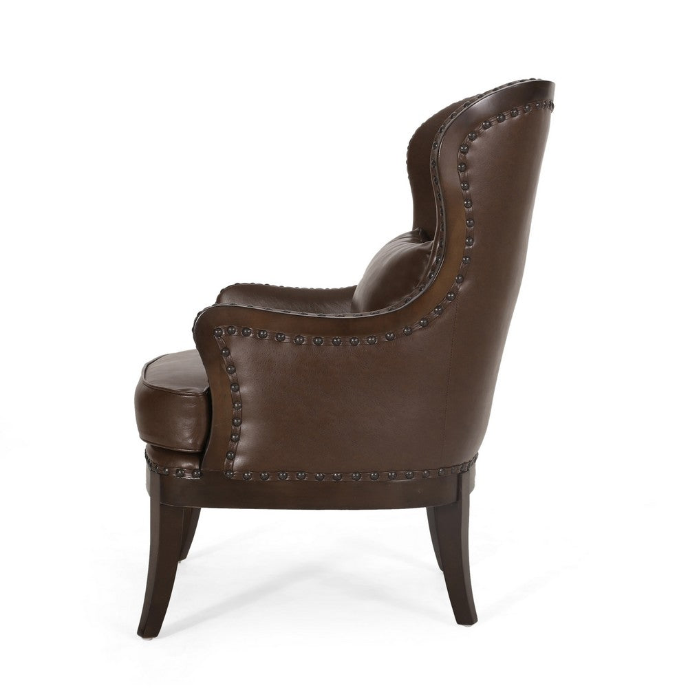 Dion Accent Chair, Dark Brown Faux Leather, Wingback, Nailhead Trim -BM323603