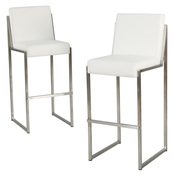 Irene Barstool Chair Set of 2, White Bonded Leather, Stainless Steel -BM323606