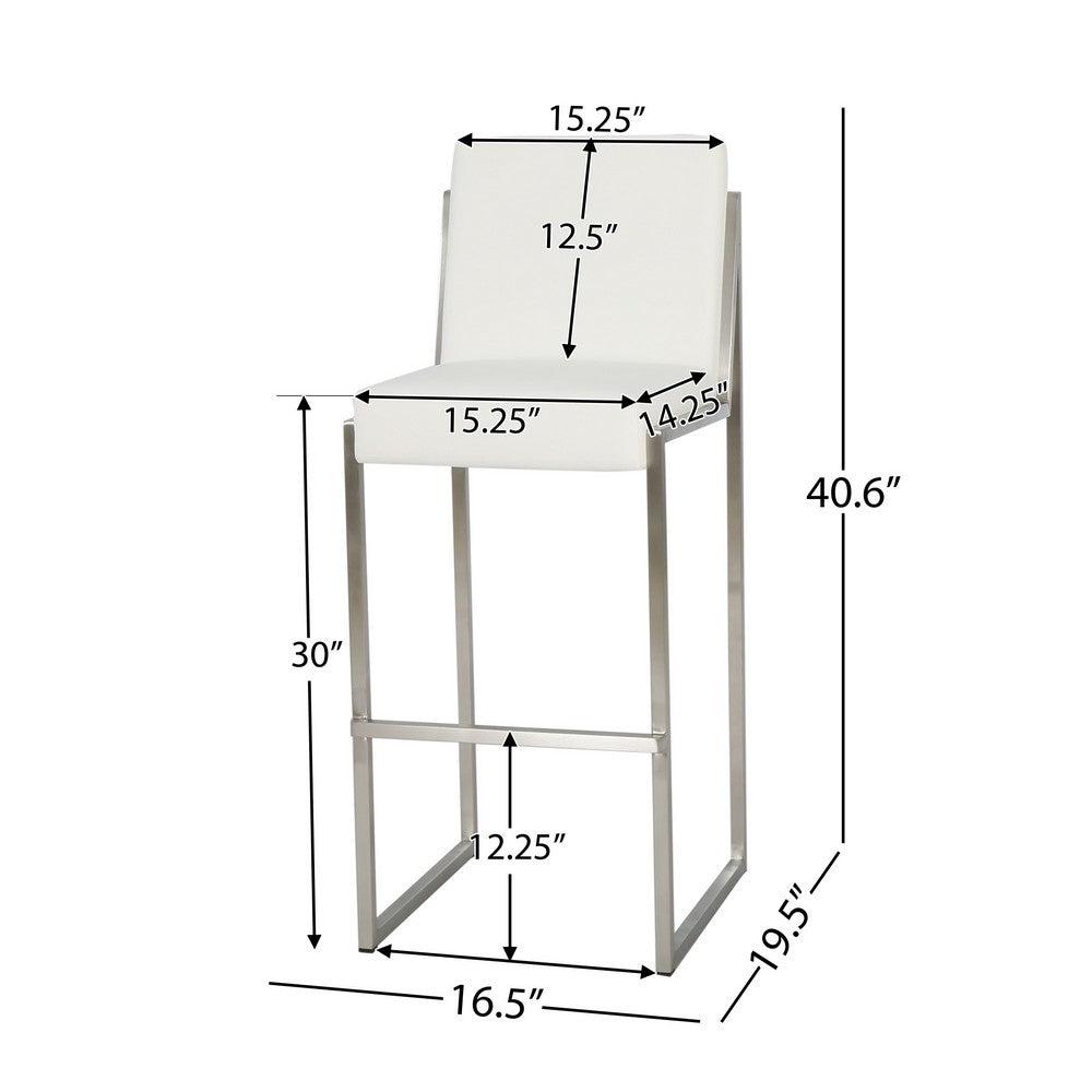 Irene Barstool Chair Set of 2, White Bonded Leather, Stainless Steel -BM323606