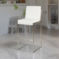 Irene Barstool Chair Set of 2, White Bonded Leather, Stainless Steel -BM323606