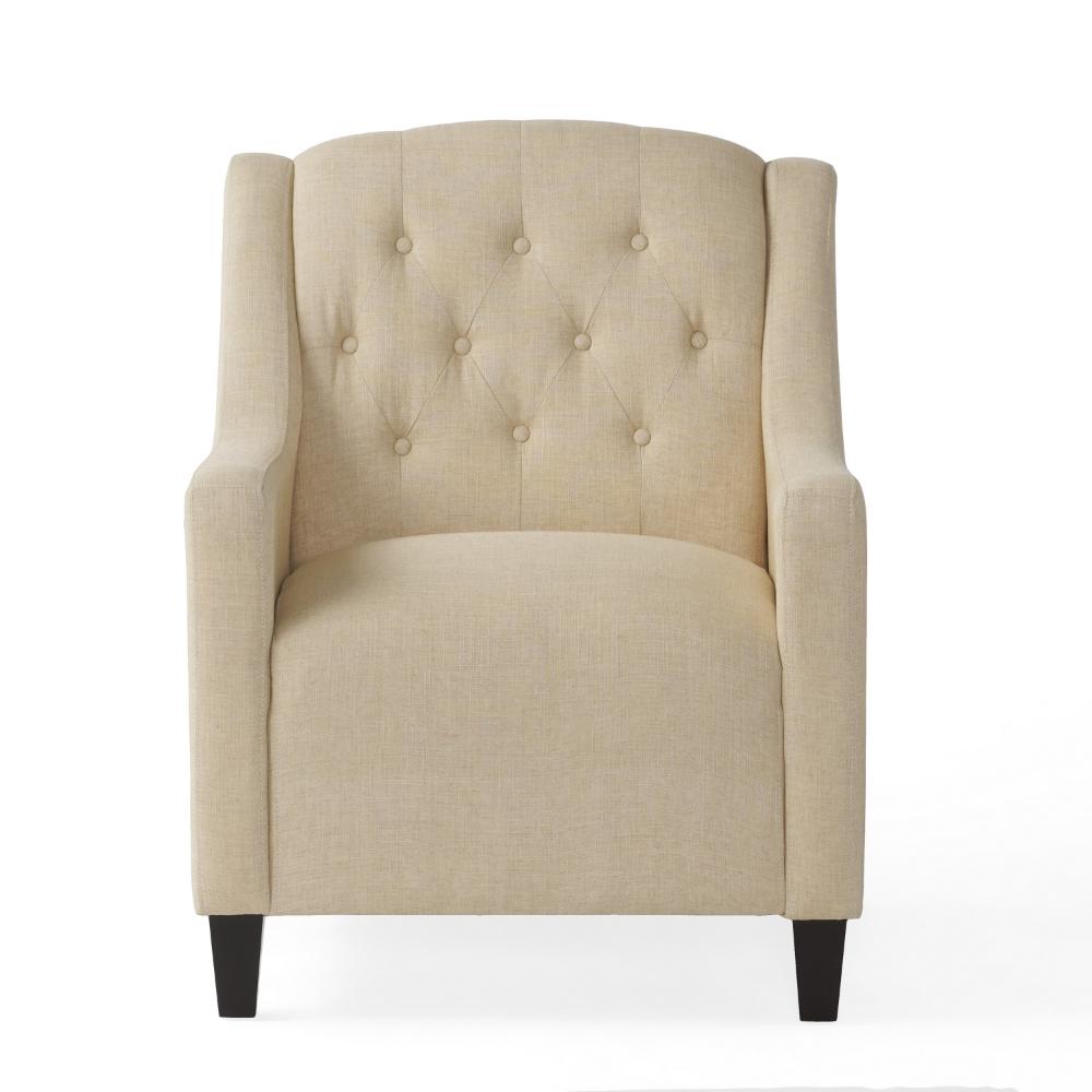 Jenny 2pc Accent Chair and Ottoman Set, Tufted Beige Fabric Brown Wood -BM323612
