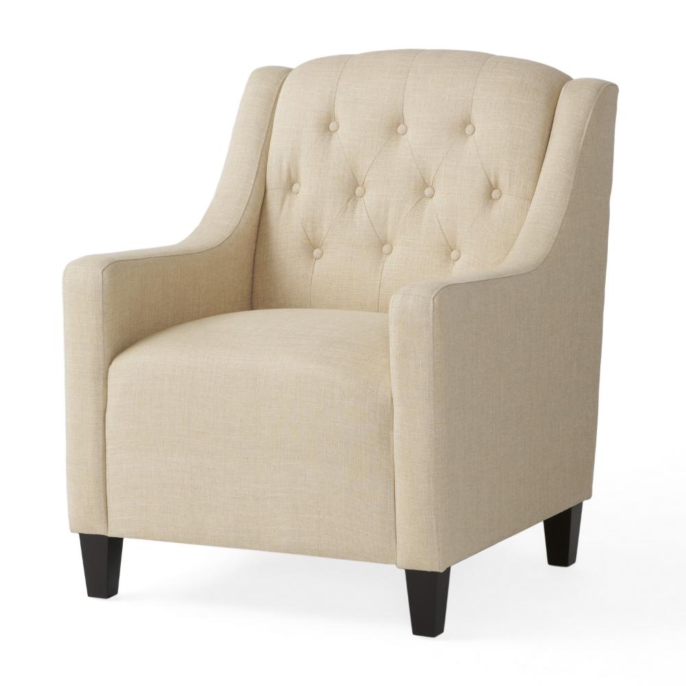 Jenny 2pc Accent Chair and Ottoman Set, Tufted Beige Fabric Brown Wood -BM323612