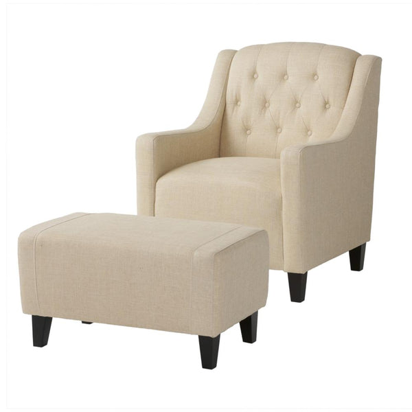 Jenny 2pc Accent Chair and Ottoman Set, Tufted Beige Fabric Brown Wood