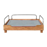 Reno Dog Pet Bed, Blue Fabric Cushion, 30 Inch Brown Wood, Metal Rail -BM323614