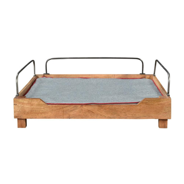 Reno Dog Pet Bed, Blue Fabric Cushion, 30 Inch Brown Wood, Metal Rail -BM323614