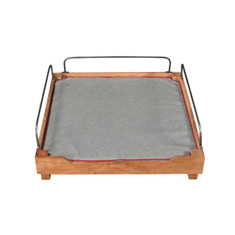 Reno Dog Pet Bed, Blue Fabric Cushion, 30 Inch Brown Wood, Metal Rail -BM323614
