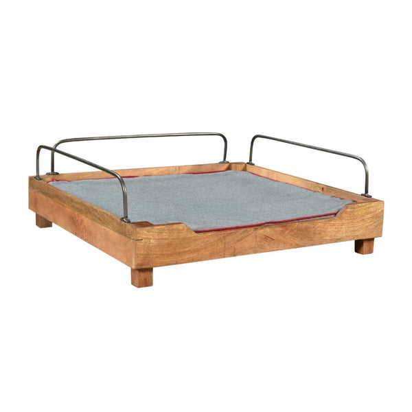 Reno Dog Pet Bed, Blue Fabric Cushion, 30 Inch Brown Wood, Metal Rail