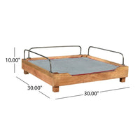 Reno Dog Pet Bed, Blue Fabric Cushion, 30 Inch Brown Wood, Metal Rail -BM323614