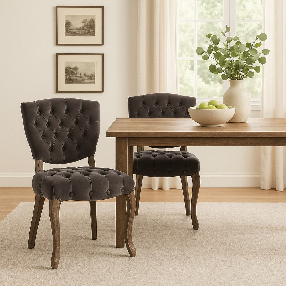 Jette Dining Chair Set of 2, Charcoal Gray Tufted Velvet, Brown Wood -BM323615