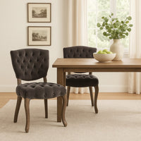 Jette Dining Chair Set of 2, Charcoal Gray Tufted Velvet, Brown Wood -BM323615