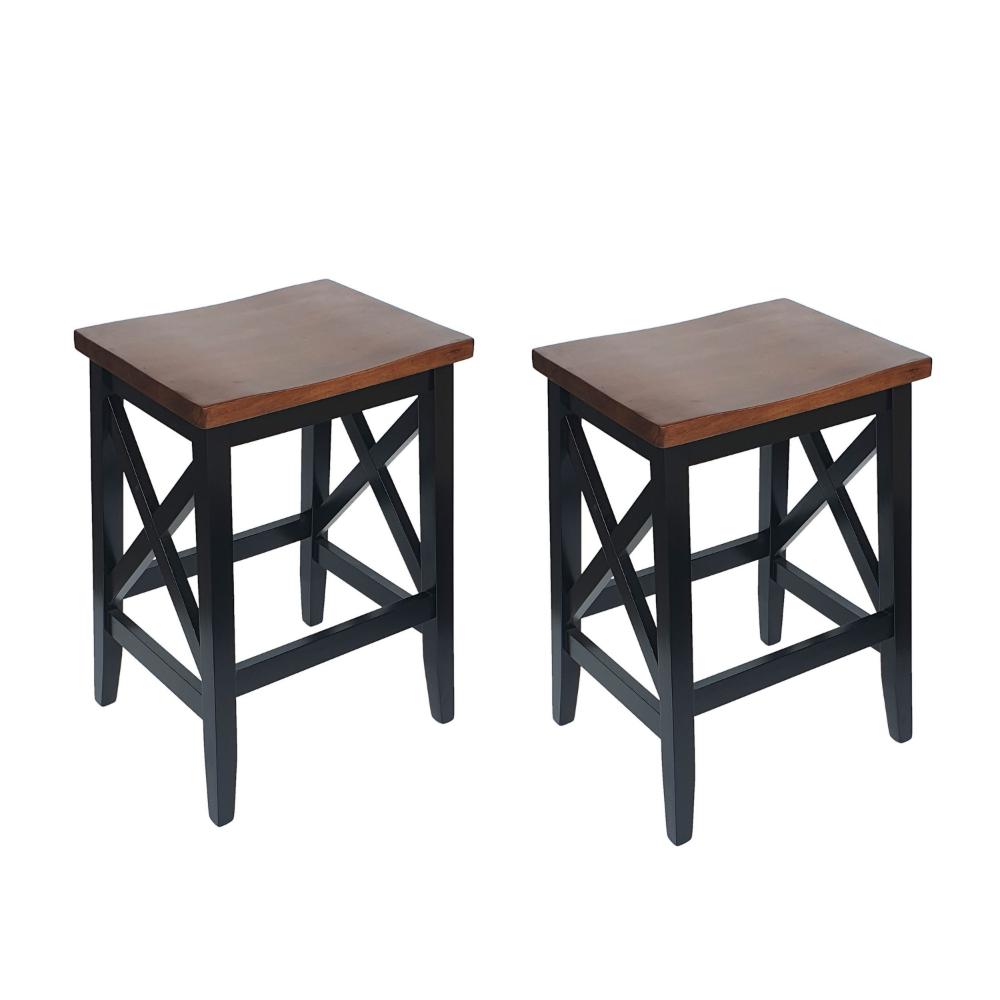 Venta Counter Stool Set of 2, Brown Rubberwood Seat, Black X Legs