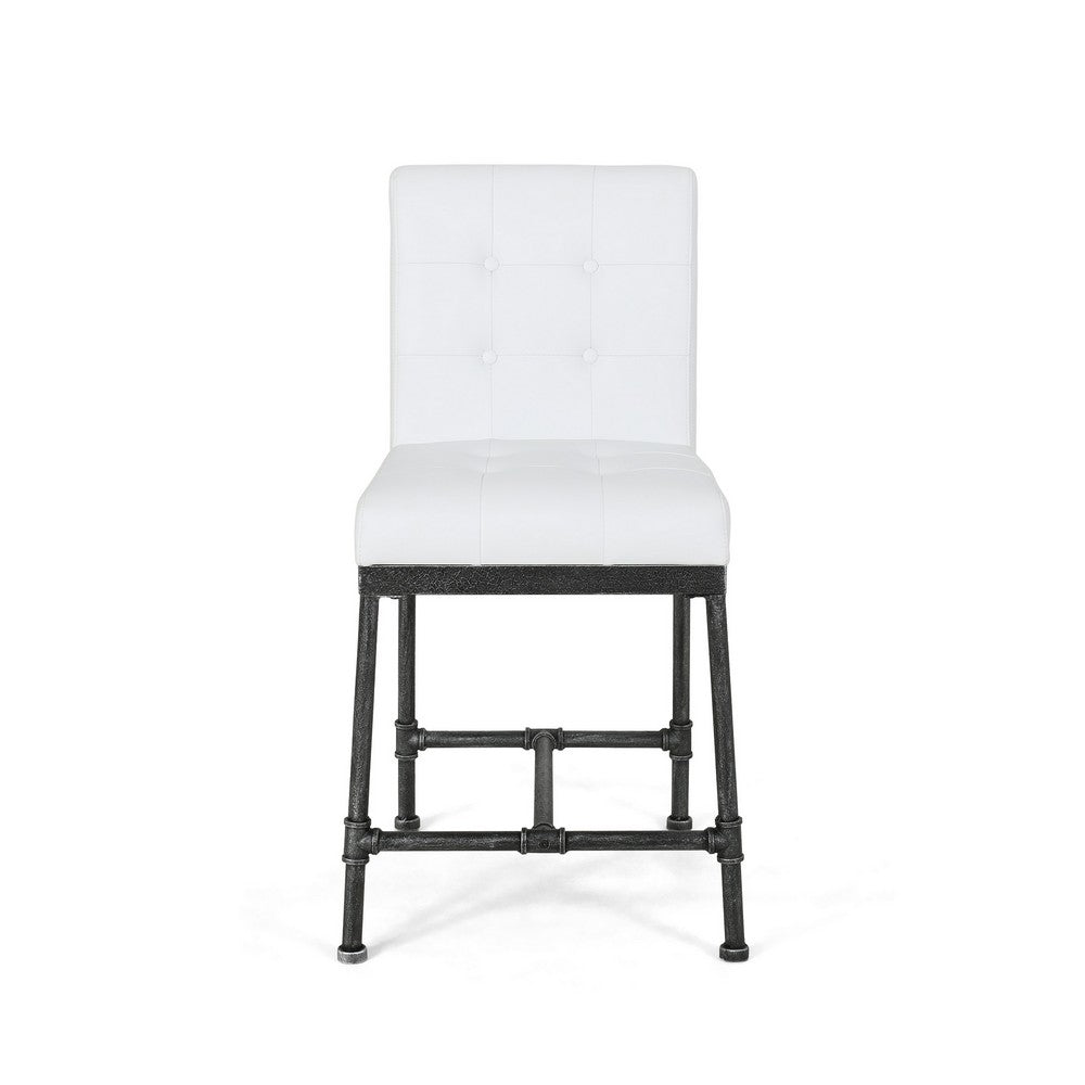 Bruke Counter Height Chair Set of 2, White Tufted Faux Leather, Metal -BM323619
