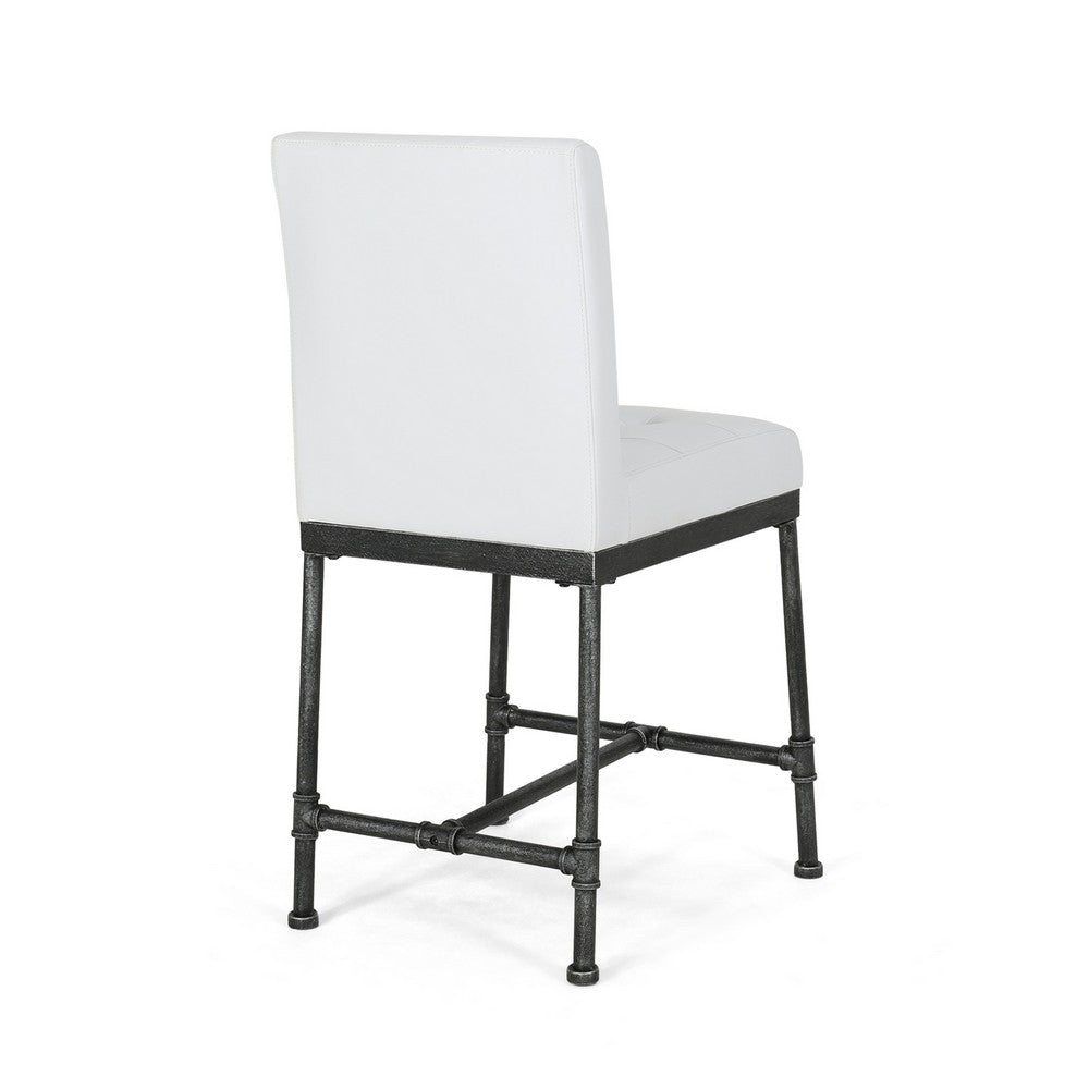 Bruke Counter Height Chair Set of 2, White Tufted Faux Leather, Metal -BM323619