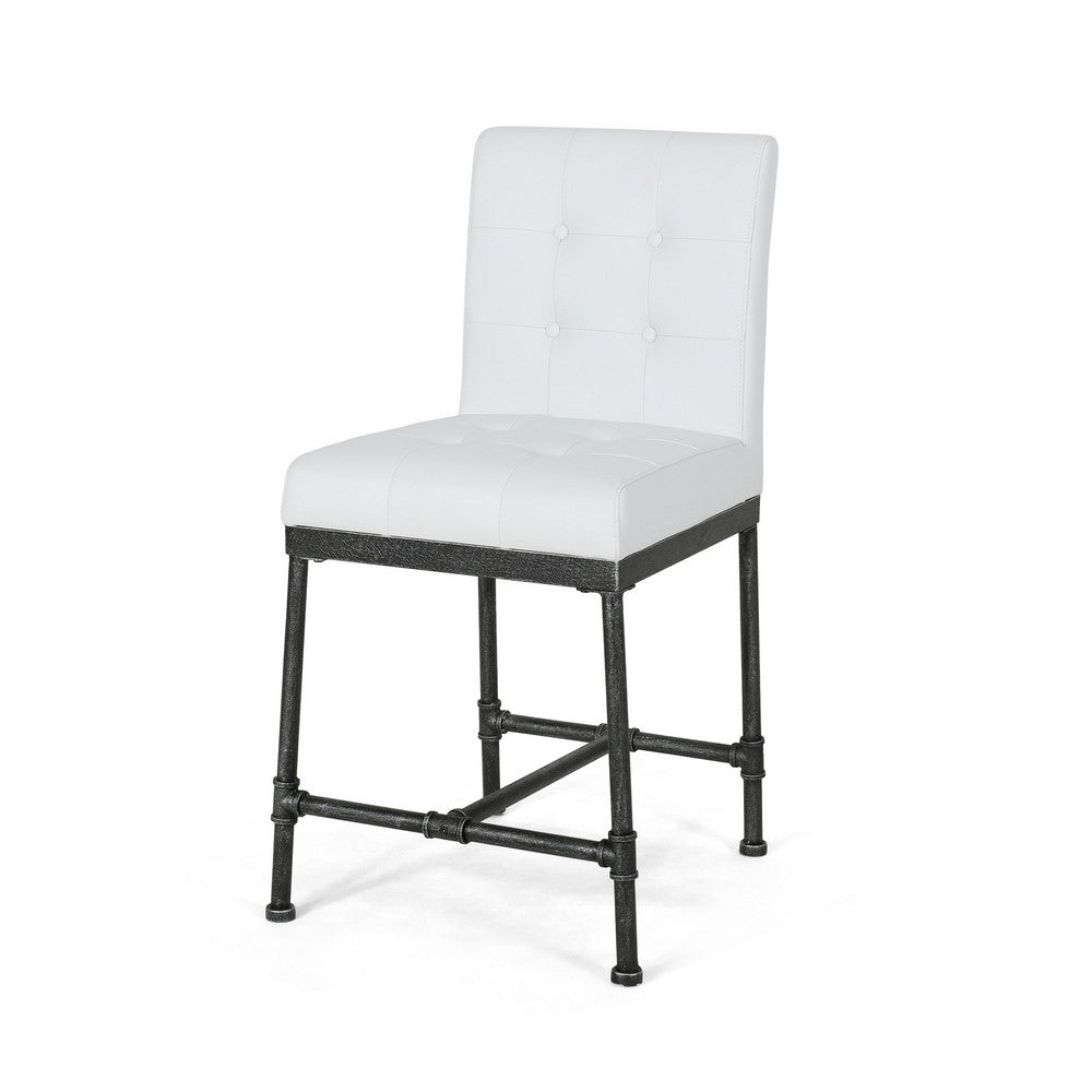 Bruke Counter Height Chair Set of 2, White Tufted Faux Leather, Metal -BM323619