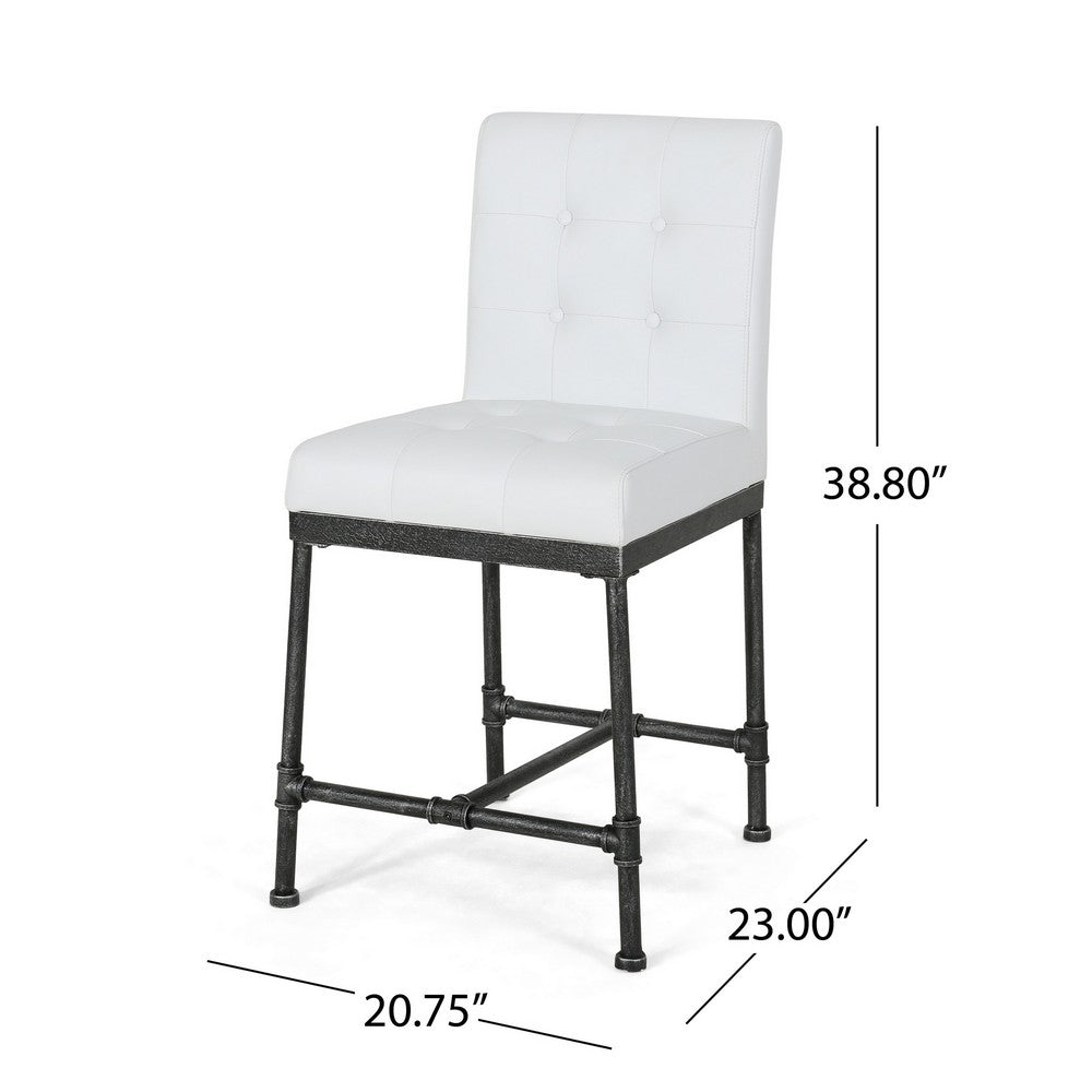 Bruke Counter Height Chair Set of 2, White Tufted Faux Leather, Metal -BM323619