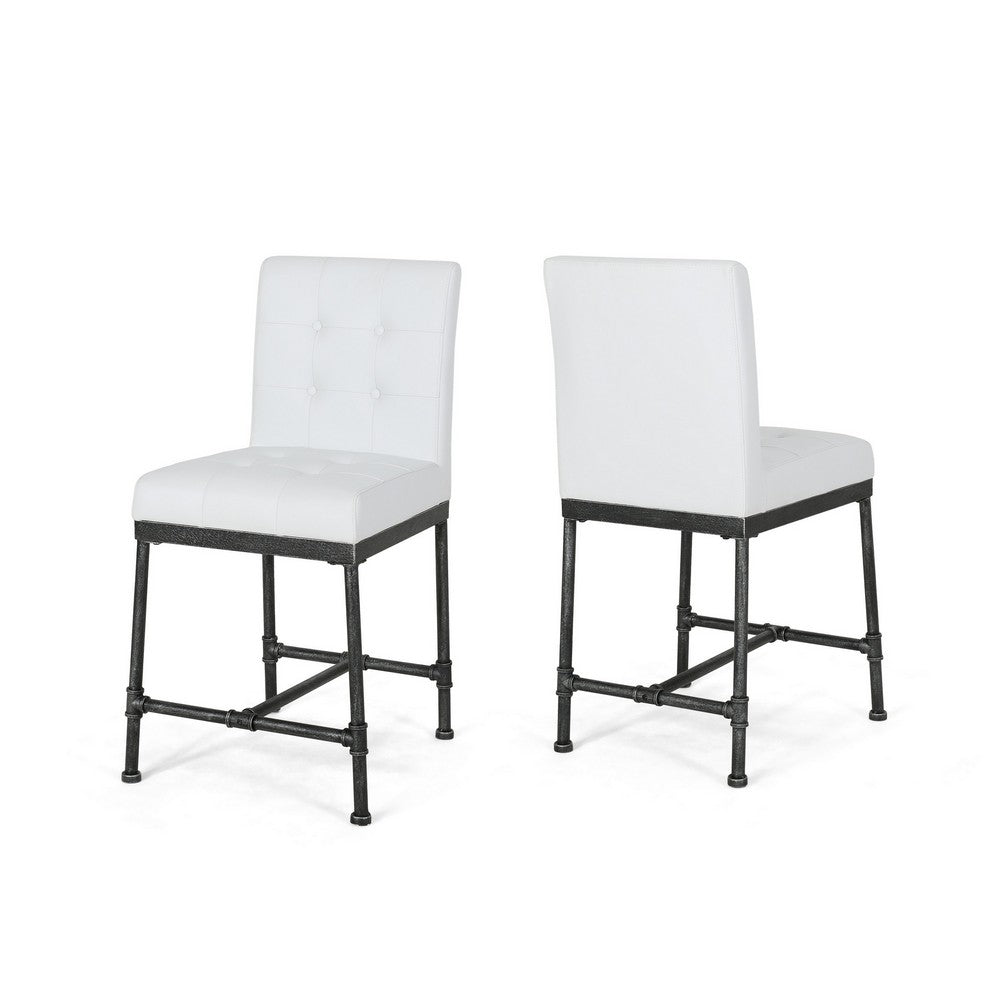Bruke Counter Height Chair Set of 2, White Tufted Faux Leather, Metal -BM323619