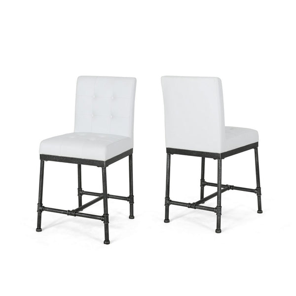 Bruke Counter Height Chair Set of 2, White Tufted Faux Leather, Metal -BM323619