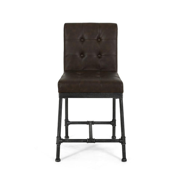 Bruke Counter Height Chair Set of 2, Brown Tufted Faux Leather, Metal -BM323620